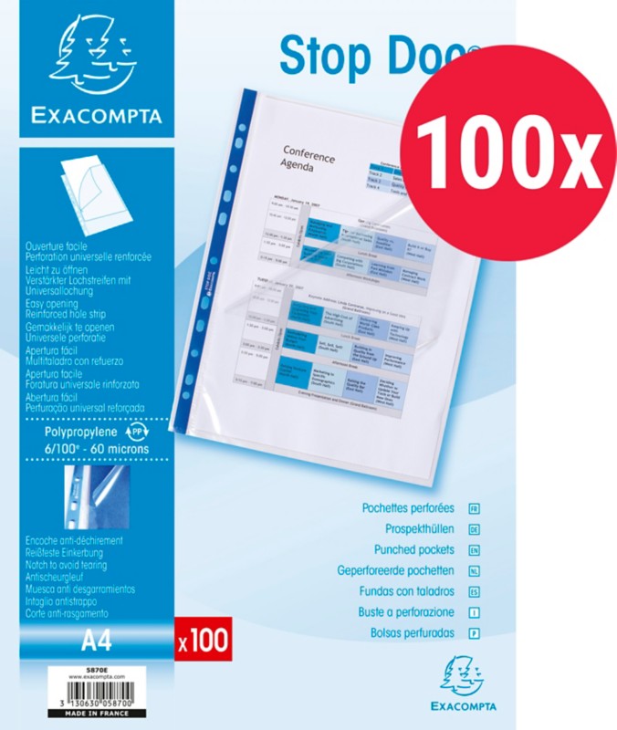 Exacompta STOP DOC Klarsichthüllen DIN A4 Glasklar Transparent 60 Mikron PP (Polypropylen) Öffnung oben und links 5870E ...