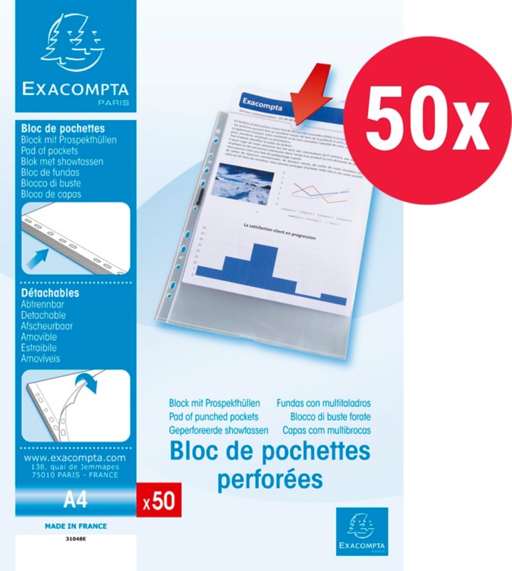 Exacompta Klarsichthüllen DIN A4 Glasklar Transparent 50 Mikron PP (Polypropylen) Öffnung oben 31048E 50 Stück
