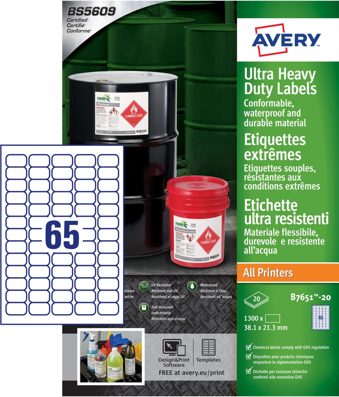 Avery Resistant Labels B7651-20 Adhesive A4 White 21 X 38 Mm 20 Sheets Of 65 Labels