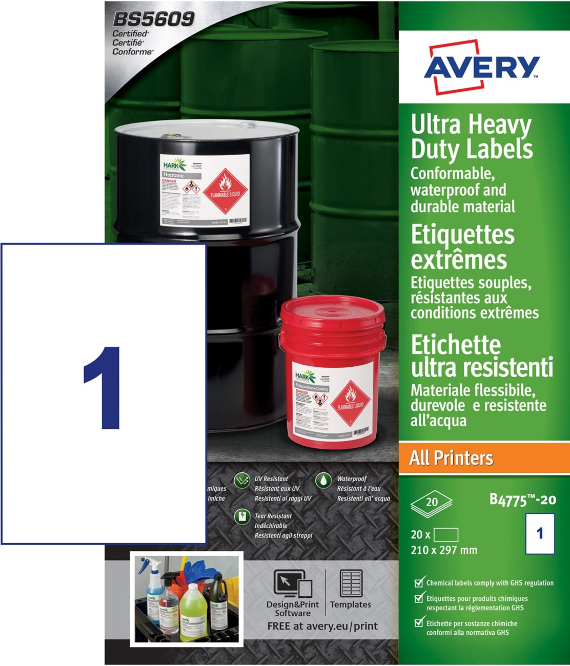 Avery Resistant Labels B4775-20 Adhesive A4 White 297 X 210 Mm 20 Sheets Of 1 Label