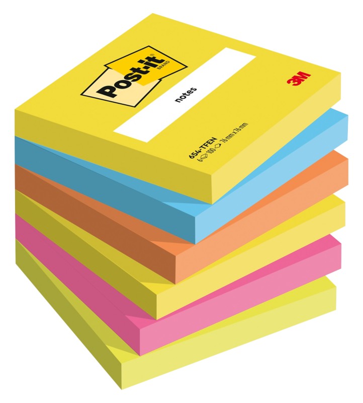 Post-It Sticky Notes Square 76 X 76 Mm Assorted 654-Tfen 6 Pads Of 100 Sheets