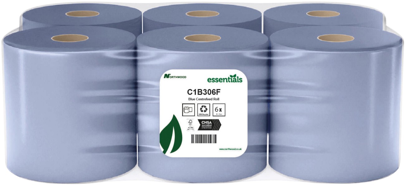 Essentials Centrefeed Paper Centrefeed Blue 1 Ply 300 M C1b306fds 6 Rolls Of 750 Sheets