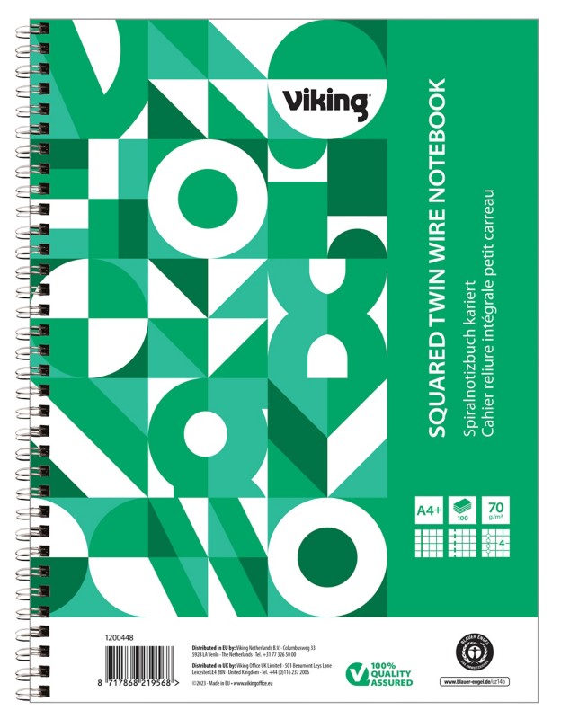 Viking Notizbuch DIN A4+ Kariert Doppeldraht Seitlich gebunden Papier Softcover Grün Perforiert 200 Seiten