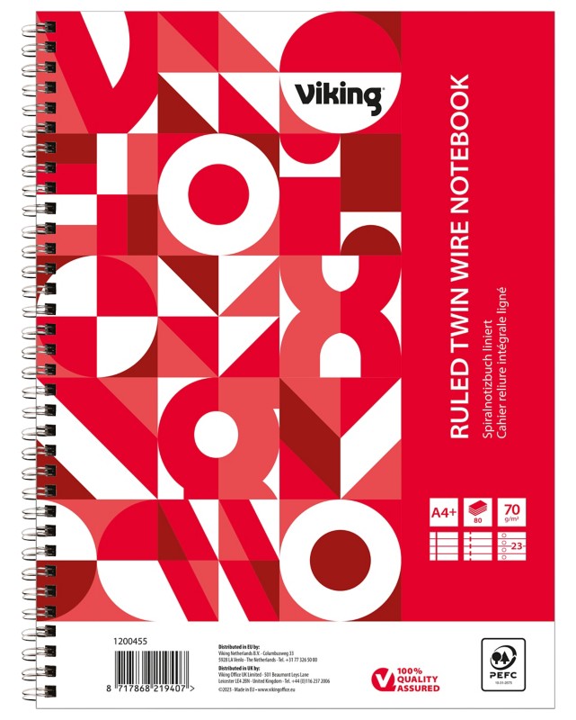 Viking Notizbuch DIN A4+ Liniert Doppeldraht Seitlich gebunden Papier Softcover Rot Perforiert 160 Seiten 5 Stück