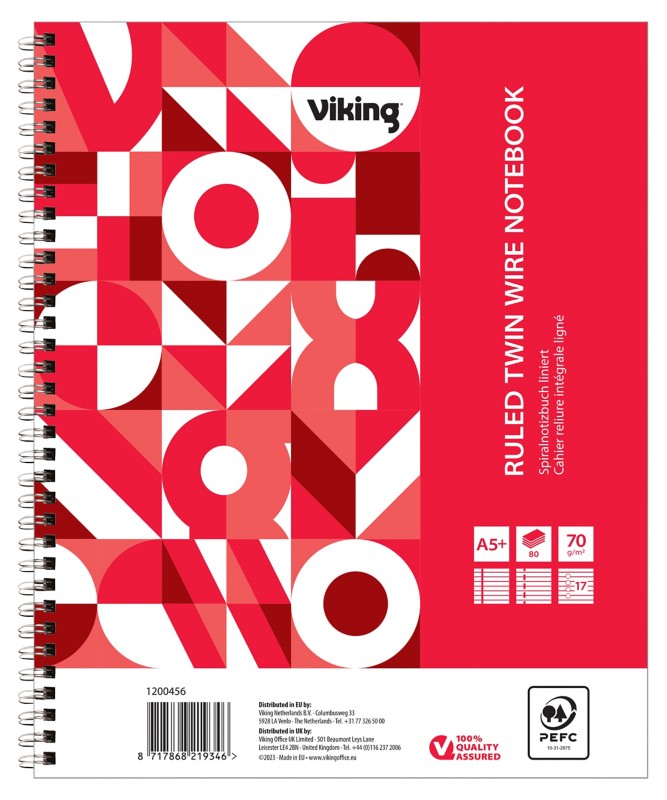 Viking Notizbuch DIN A5+ Liniert Doppeldraht Seitlich gebunden Papier Softcover Rot Perforiert 160 Seiten 5 Stück