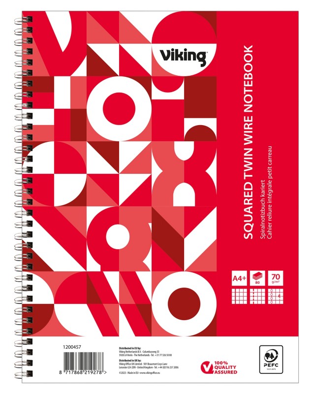 Viking Notizbuch DIN A4+ Kariert Doppeldraht Seitlich gebunden Papier Softcover Rot Perforiert 160 Seiten 5 Stück