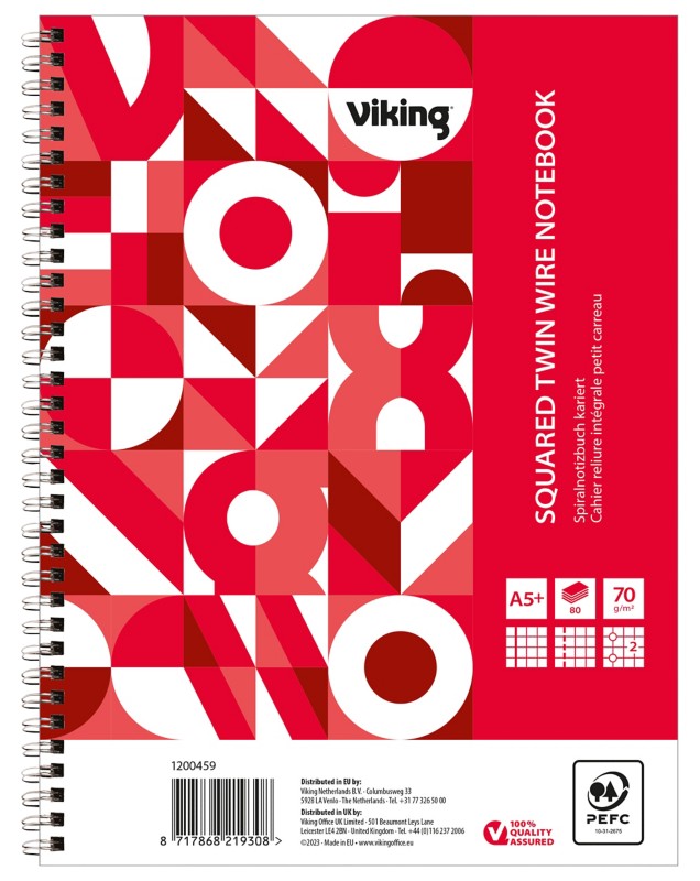 Viking Notizbuch DIN A5+ Kariert Doppeldraht Seitlich gebunden Papier Softcover Rot Perforiert 160 Seiten 5 Stück