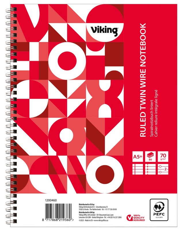 Viking Notizbuch DINA5+ Liniert Doppeldraht Seitlich gebunden Papier Softcover Rot Perforiert 160 Seiten 5 Stück