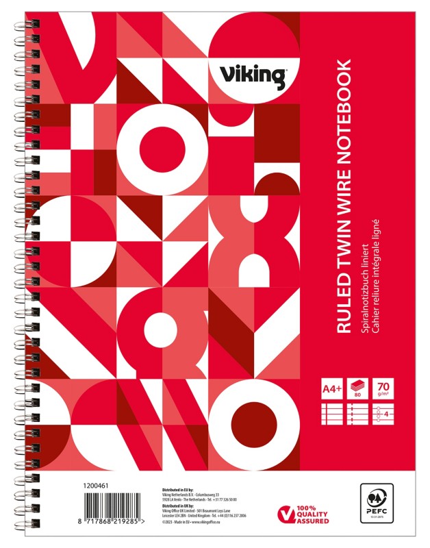 Viking Notizbuch DINA4+ Liniert Doppeldraht Seitlich gebunden Papier Softcover Rot Perforiert 160 Seiten 5 Stück