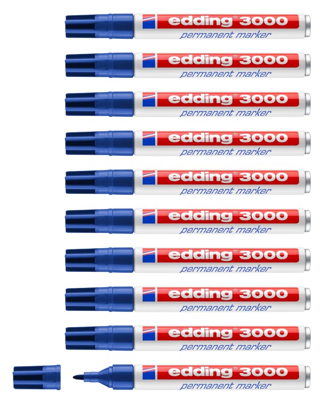 edding 3000 Permanentmarker Mittel Rundspitze 3 mm Blau Nachfüllbar Wasserbeständig 10 Stück
