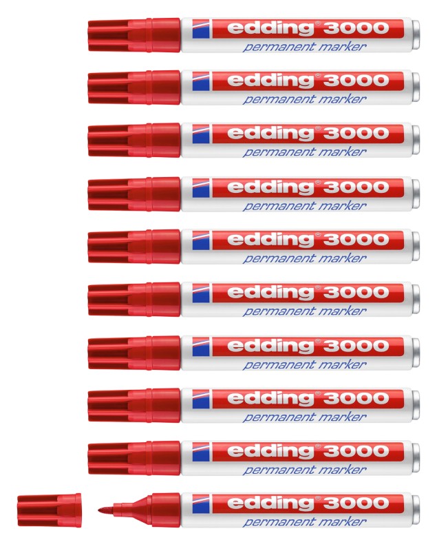 edding 3000 Permanentmarker Mittel Rundspitze 3 mm Rot Nachfüllbar Wasserbeständig 10 Stück