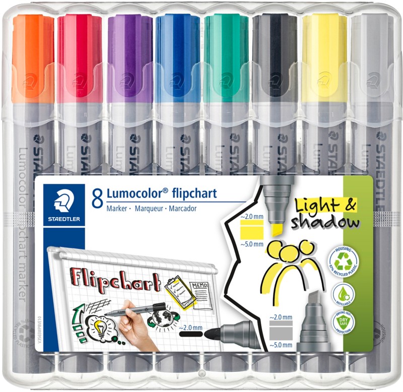 Thumbnail - STAEDTLER Lumocolor Flipchart-Marker Extra Breit Keilspitze - 5 mm Farbig sortiert Nachfüllbar 8 Stück
