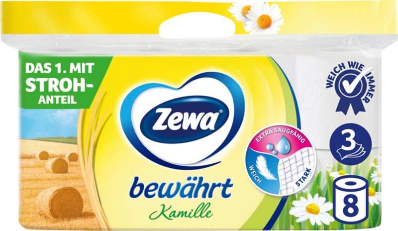 Zewa Bewährt Toilettenpapier 3-lagig Kamille Weiß 8 Rollen à 150 Blatt