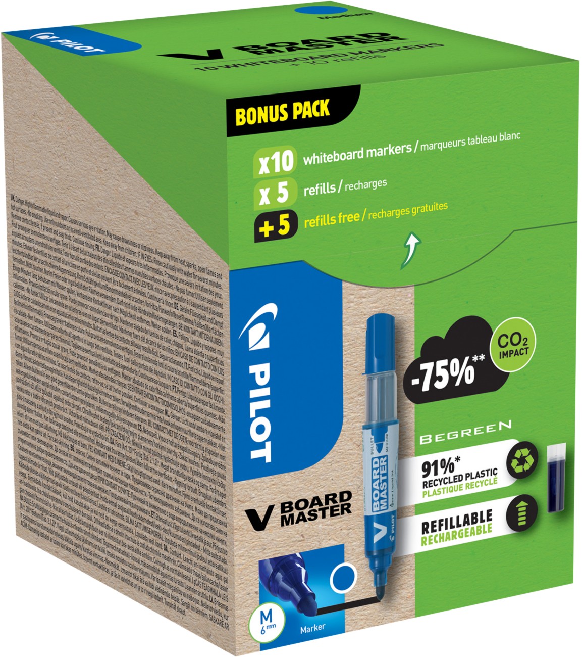 Pilot Non-permanent Whiteboard-Marker Blau Mittel Rundspitze - 80% Recycelt 20 Stück