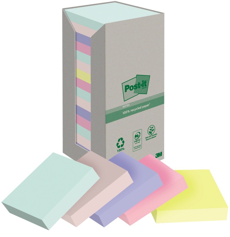 Thumbnail - Post-it Recycelte Haftnotizen Farbig 76 x 76 mm 100 Blatt 16 Stück