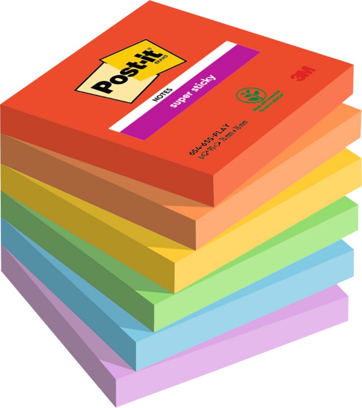 Post-it Super Haftnotizen Playful Farbe Sammlung 76 mm x 76 mm 90 Blatt 6 Stück