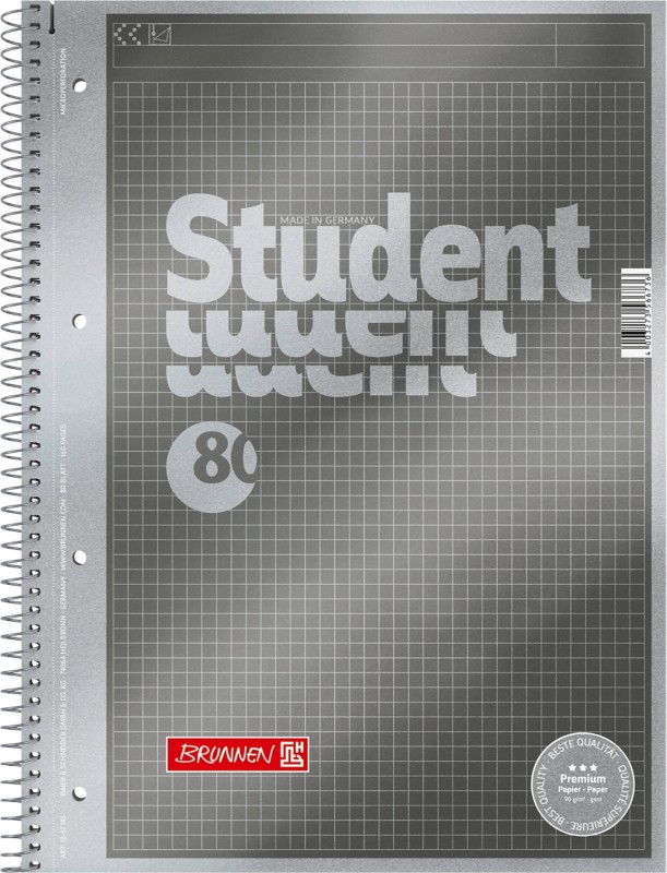 BRUNNEN Premium Student Collegeblock Spiralbindung DIN A4 Kariert Anthrazit 80 Blatt