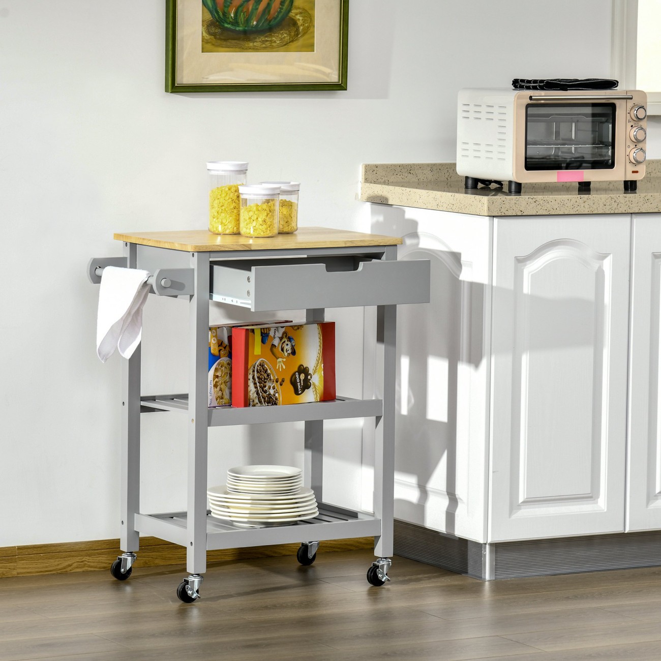Homcom Kitchen Utility Cart With Rubberwood Worktop Grey