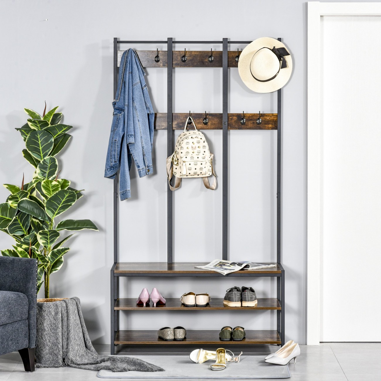 Homcom Unisex Brown Industrial Coat Rack Shoe Bench Hall Tree Entryway Clothes Storage In - Image 11