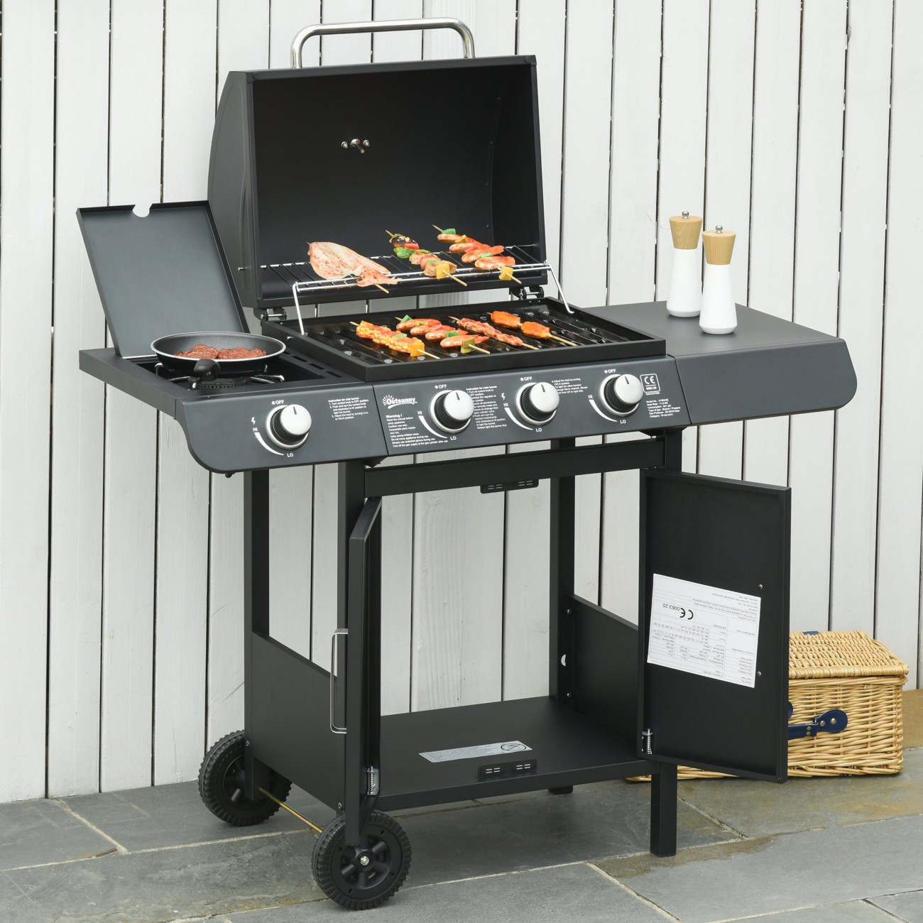 Outsunny Black Deluxe Gas Barbecue Grill 3+1 Burner Garden Bbq W/ Large Cooking Area - Image 5
