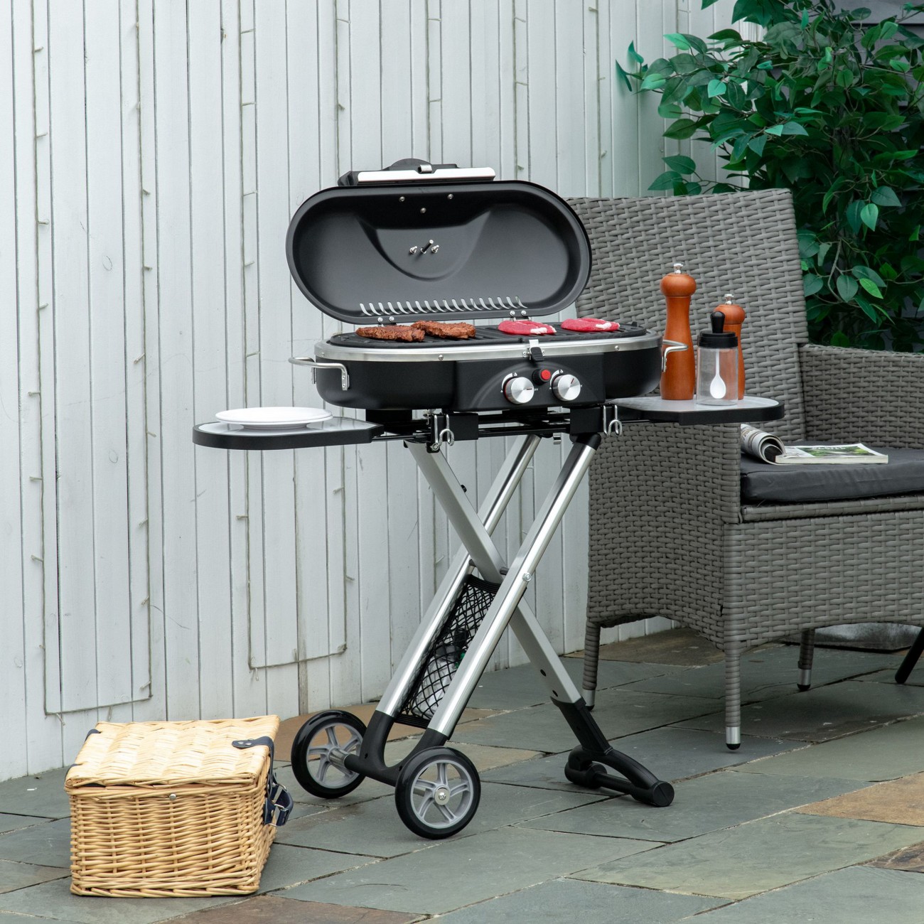 Outsunny Black Foldable Gas Bbq Grill 2 Burner Garden Barbecue Trolley W/ Lid Side Shelves Pocket Piezo Ignition Thermometer, Aluminium Alloy | Aosom Uk - Image 3