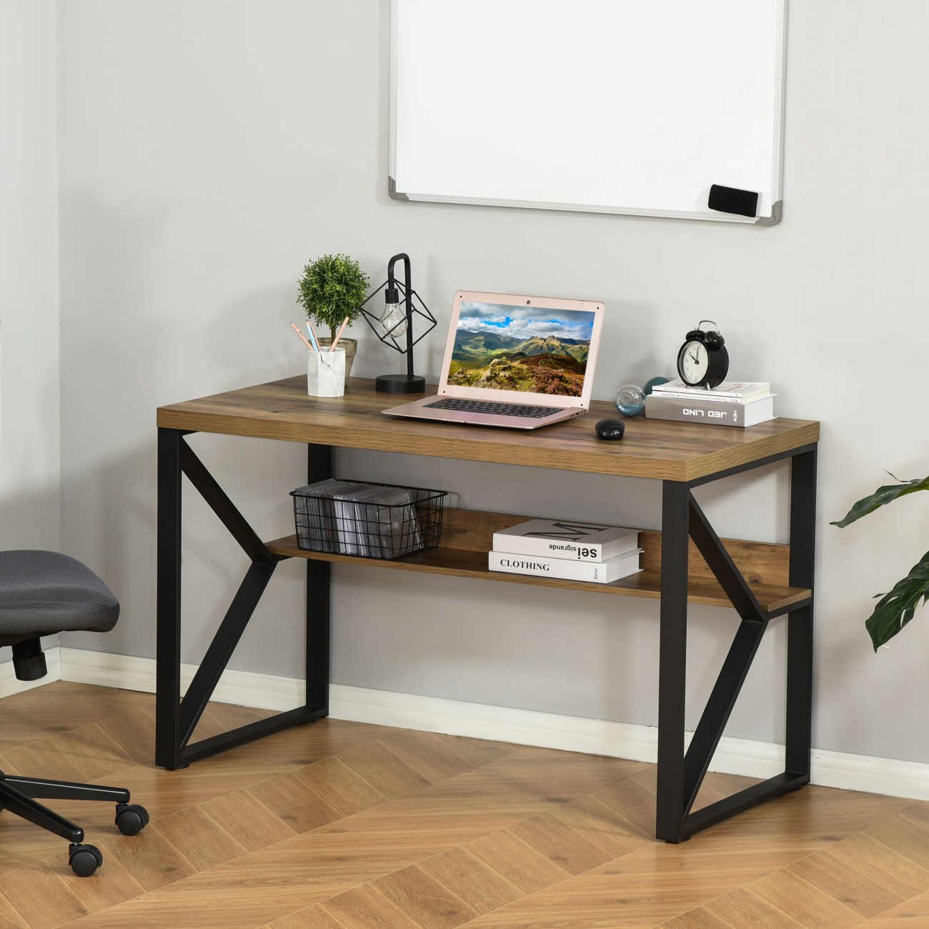 Homcom Unisex Brown Workstation Computer Desk Table With Storage Shelf Steel Frame - Image 7