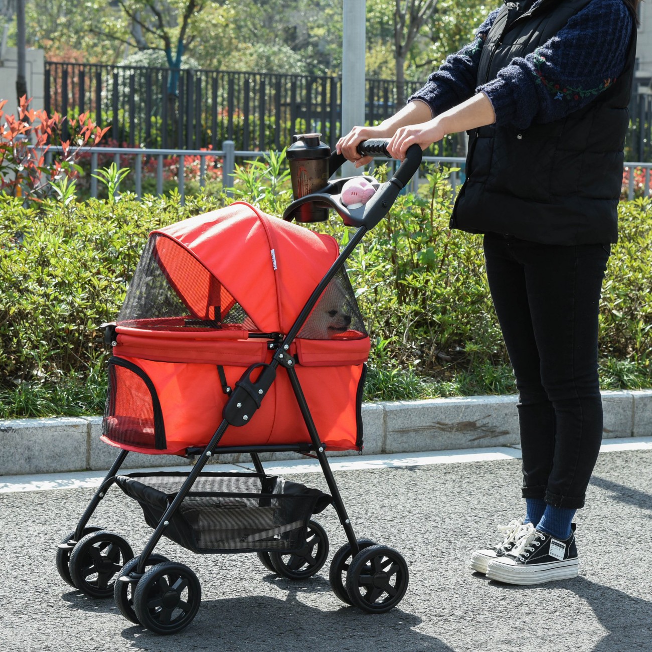 Pawhut Dog Stroller With Basket And Safety Leash Red