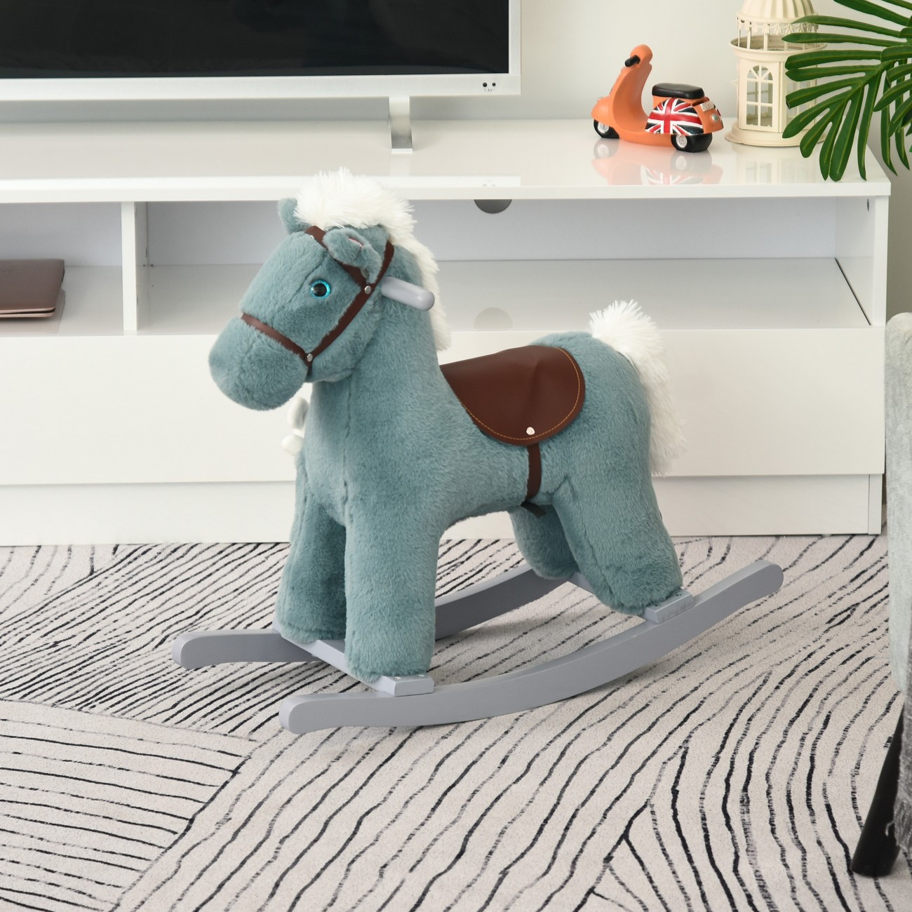 Homcom Kids Plush Ride-On Rocking Horse With Plush Toy Animal Sounds Blue