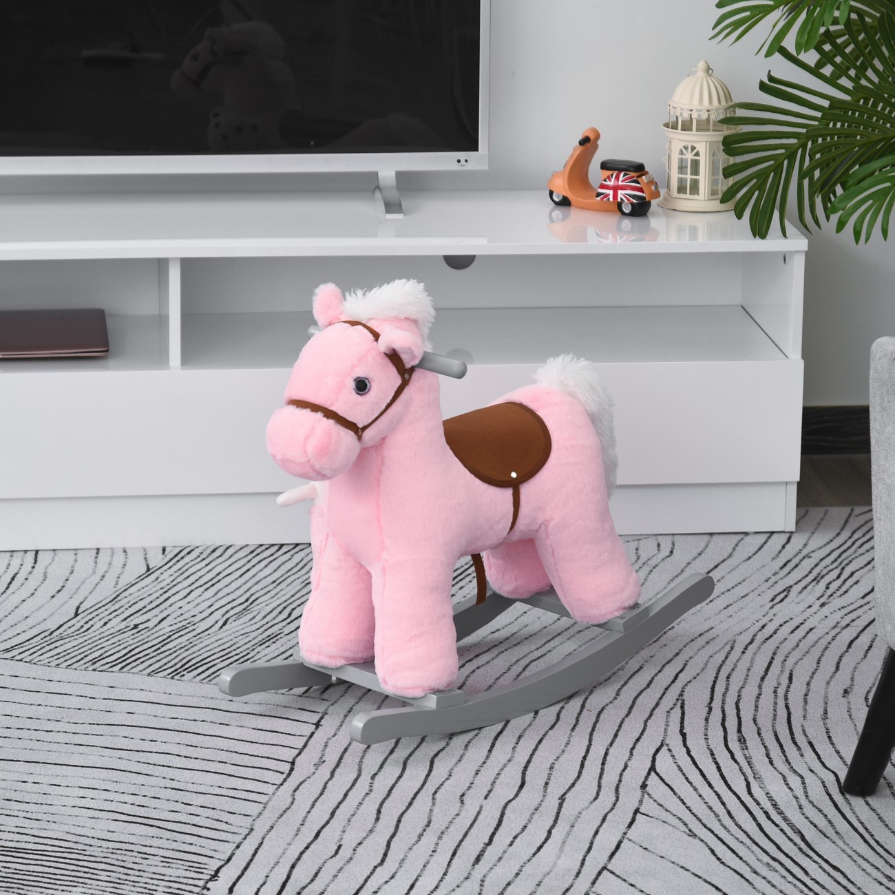 Homcom Kids Plush Ride-On Rocking Horse With Plush Toy Animal Sounds Pink