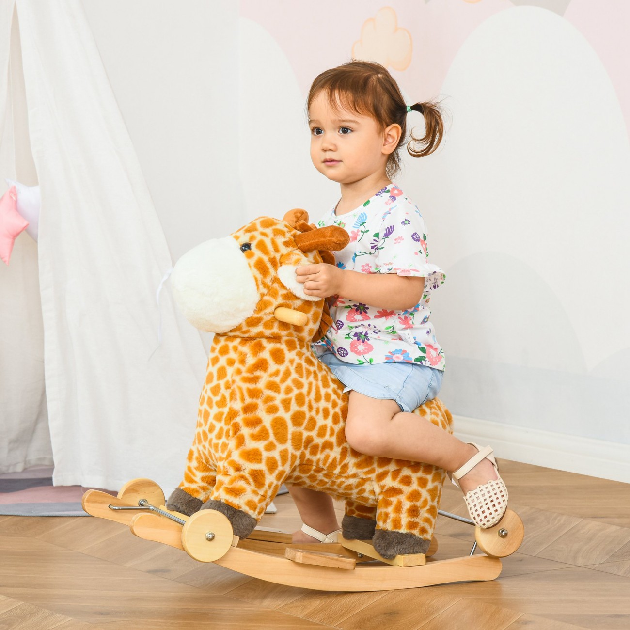 Homcom 2-In-1 Kids Plush Ride-On Rocking Gliding Horse Giraffe-Shaped Yellow