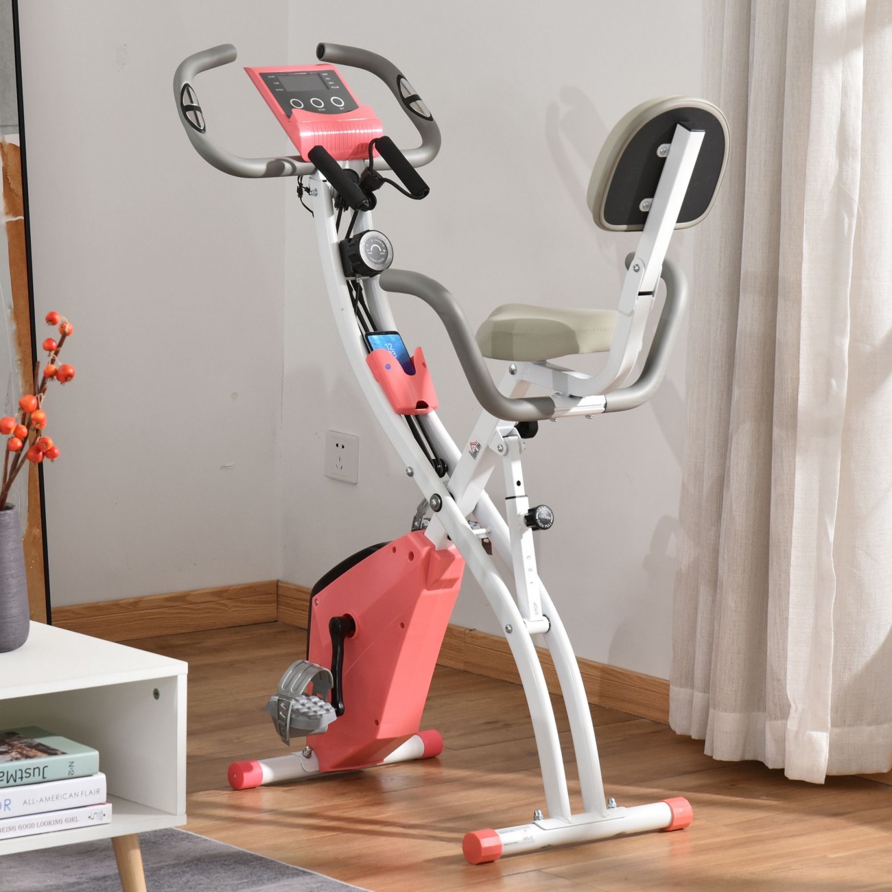 Homcom Folding Stationary Exercise Bike With Band Pink