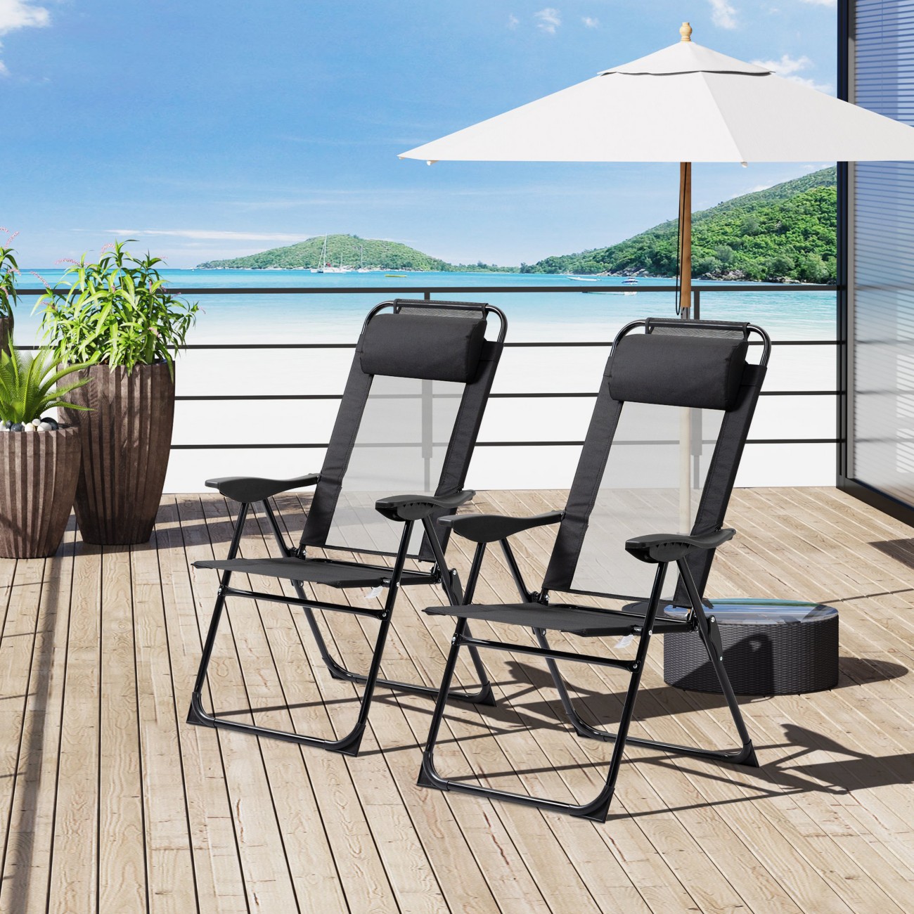 Outsunny Set of 2 Portable Folding Recliner Lounge Chairs - Black - Steel Frame - Mesh Fabric - Image 8