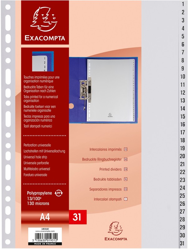 Exacompta 1 bis 31 Register DIN A4 Grau 31-teilig PP (Polypropylen) 1931E 20 Pack à 31 Blatt