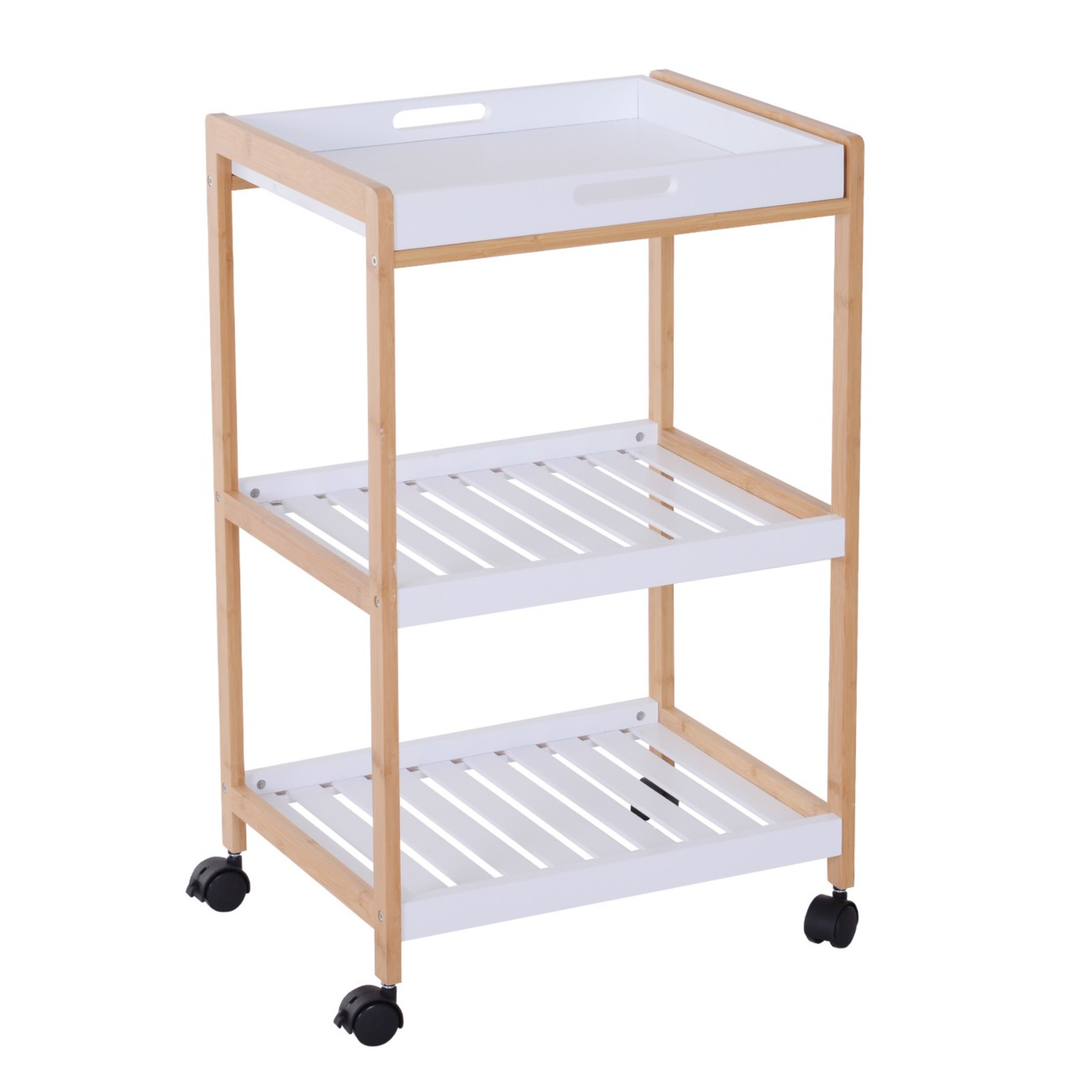 Homcom Kitchen Trolley, Bamboo/Mdf Board, 46Lx35wx74.5h Cm-White/Bamboo Colour