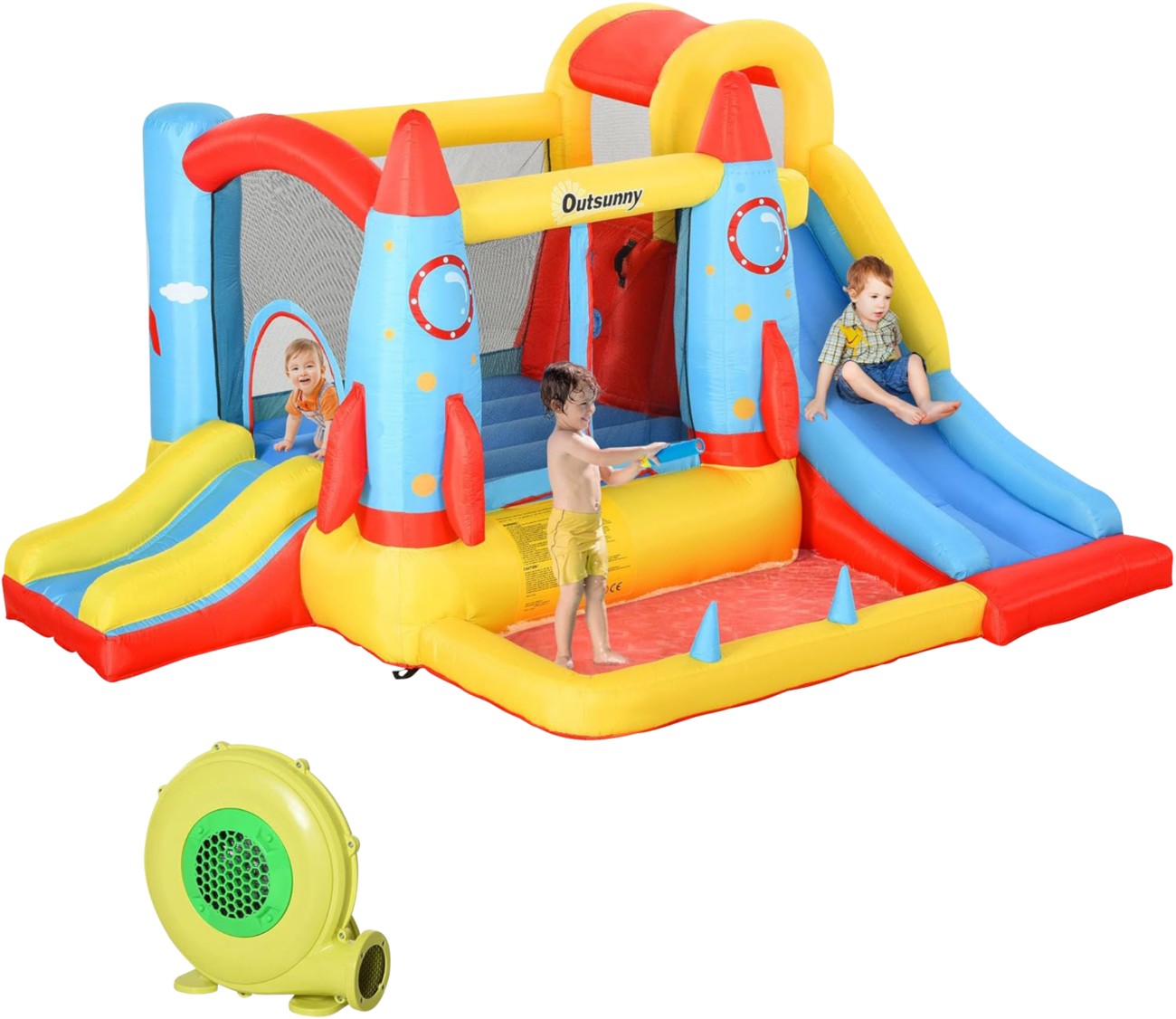 Outsunny Bounce Castle Inflatable Trampoline Slide Pool Rocket Design 3.4 X 2.8 X 1.85M