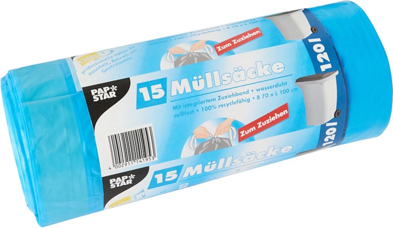 PAPSTAR Müllsäcke 120 L Kordelzug Blau LDPE (Polyethylen niedriger Dichte) 25 Mikron 15 Stück