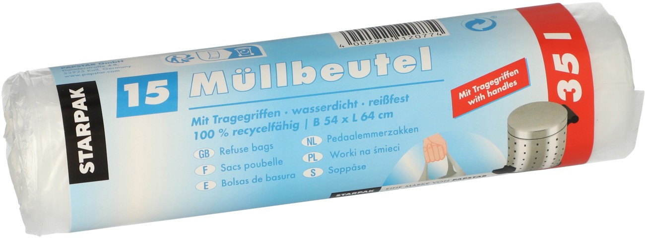 PAPSTAR Müllsäcke 35 L Transparent HDPE (Hochdichtes Polyethylen) Tragegriff 15 Stück