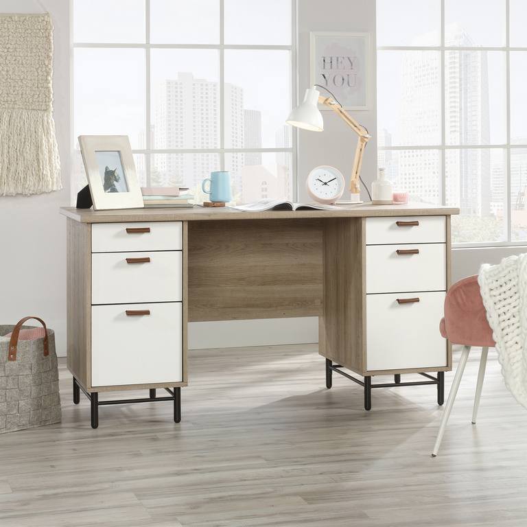 Teknik Avon Home Office Desk Oak 4 Metal Legs 6 Drawers 1,430 (W) X 562 (D) X 750 (H) Mm Laminated Particle Board