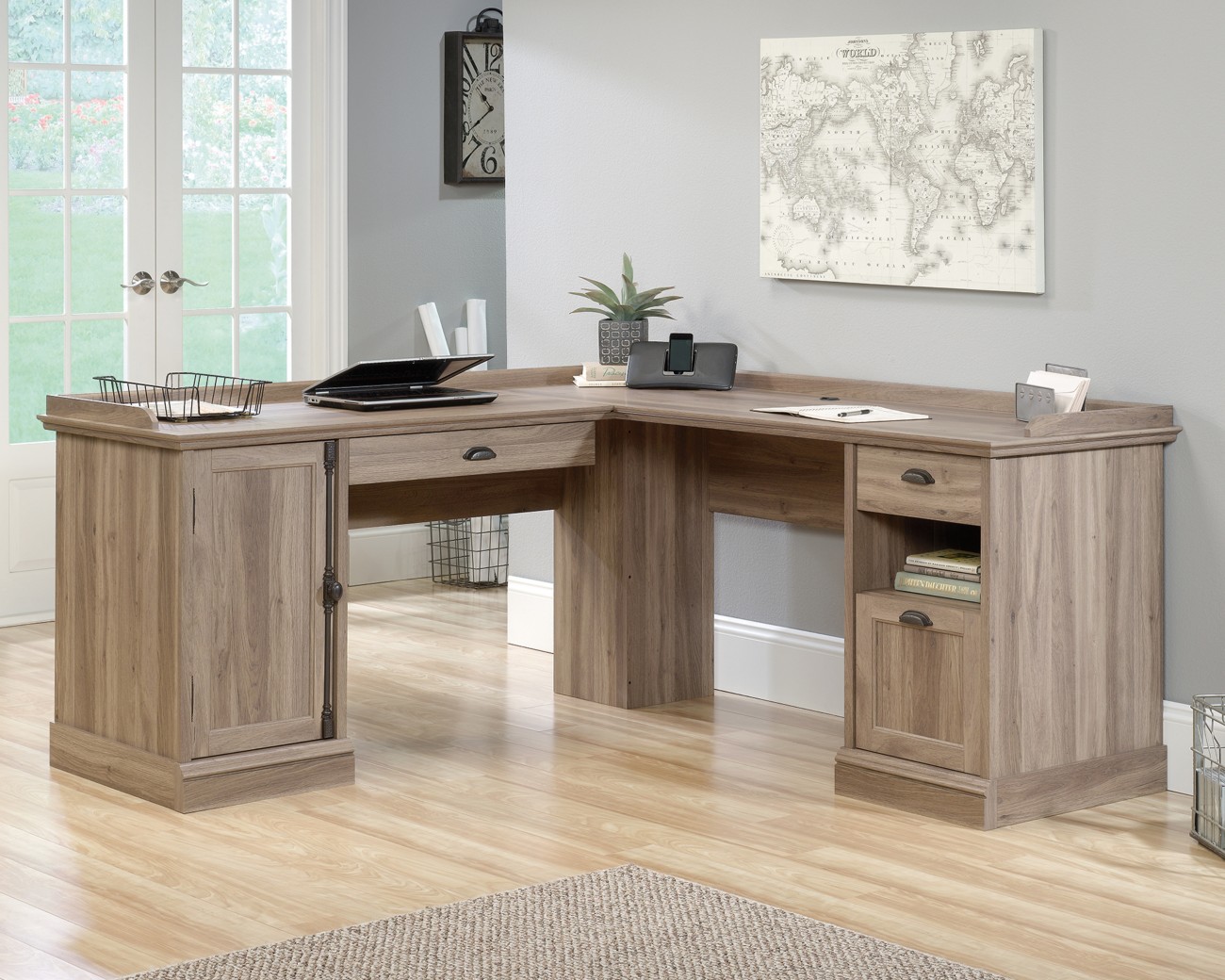 Teknik Barrister Home Home Office Desk L-Shape Oak Base Panel 3 Drawers 1,750 (W) X 568 (D) X 809 (H) Mm Laminated Particle Board
