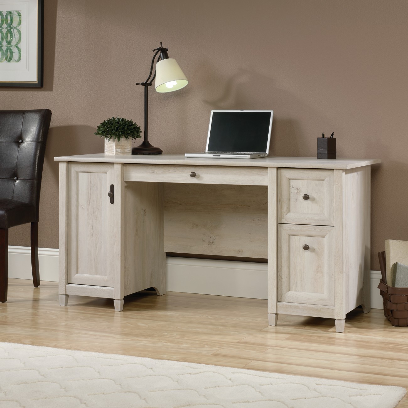 Teknik Home Office Desk Chalked Chestnut Wooden Legs 2 Drawers 1,500 (W) X 590 (D) X 737 (H) Mm Laminated Particle Board