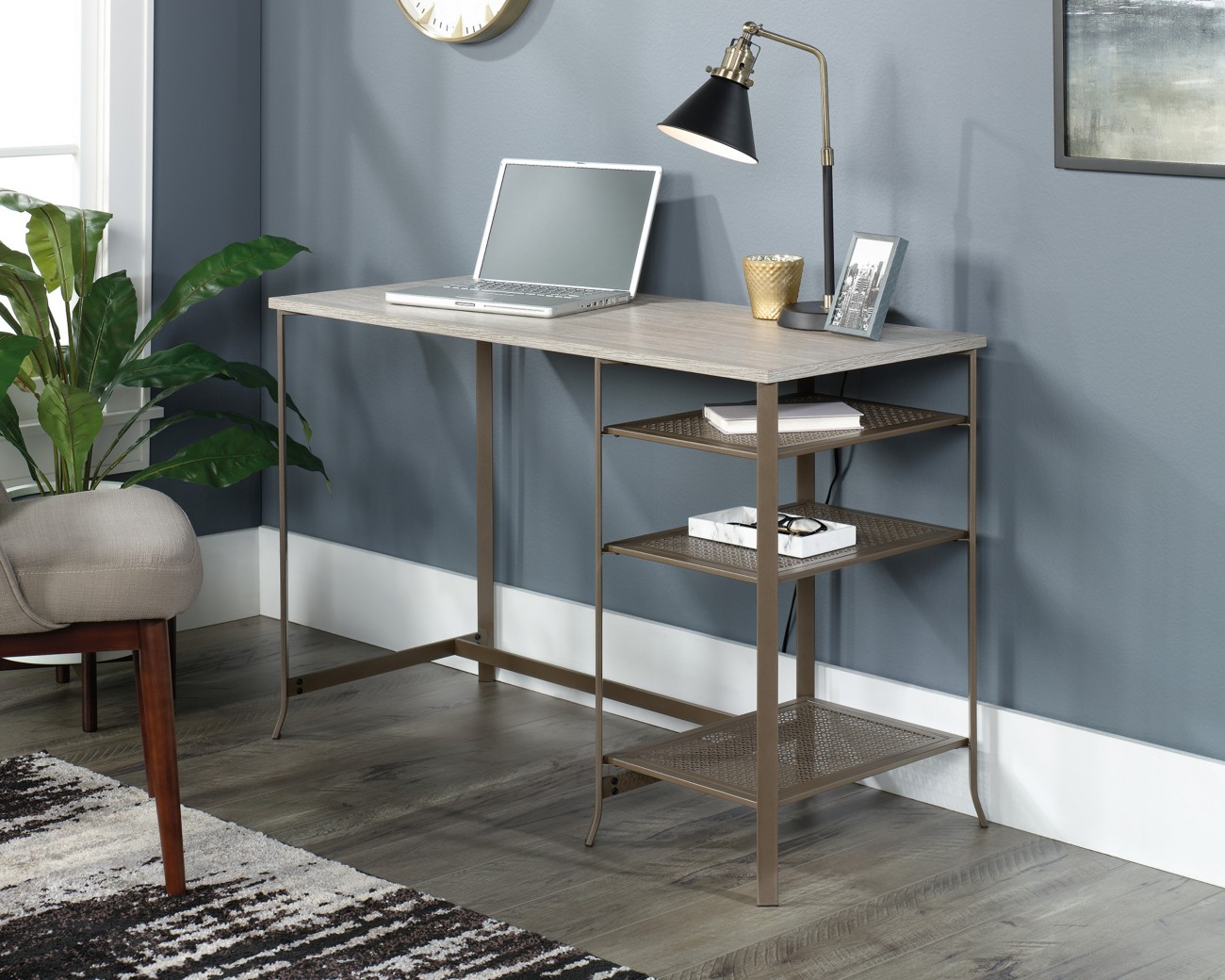 Teknik City Centre Home Office Desk Champagne Oak 4 Metal Legs 1,192 (W) X 528 (D) X 762 (H) Mm Laminated Particle Board, Metal