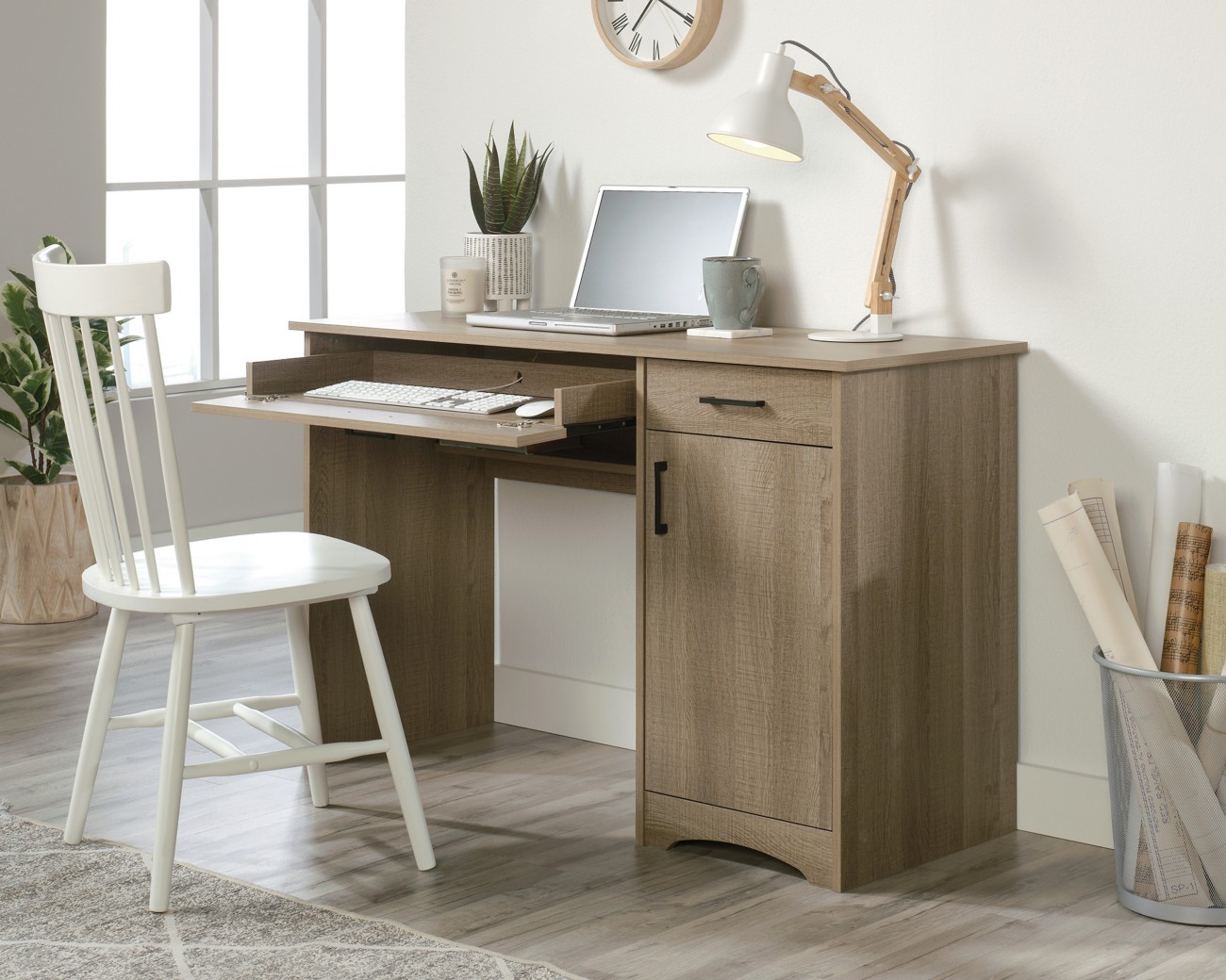 Teknik Essentials Home Office Desk Oak Base Panel 2 Drawers 1,189 (W) X 470 (D) X 761 (H) Mm Laminated Particle Board