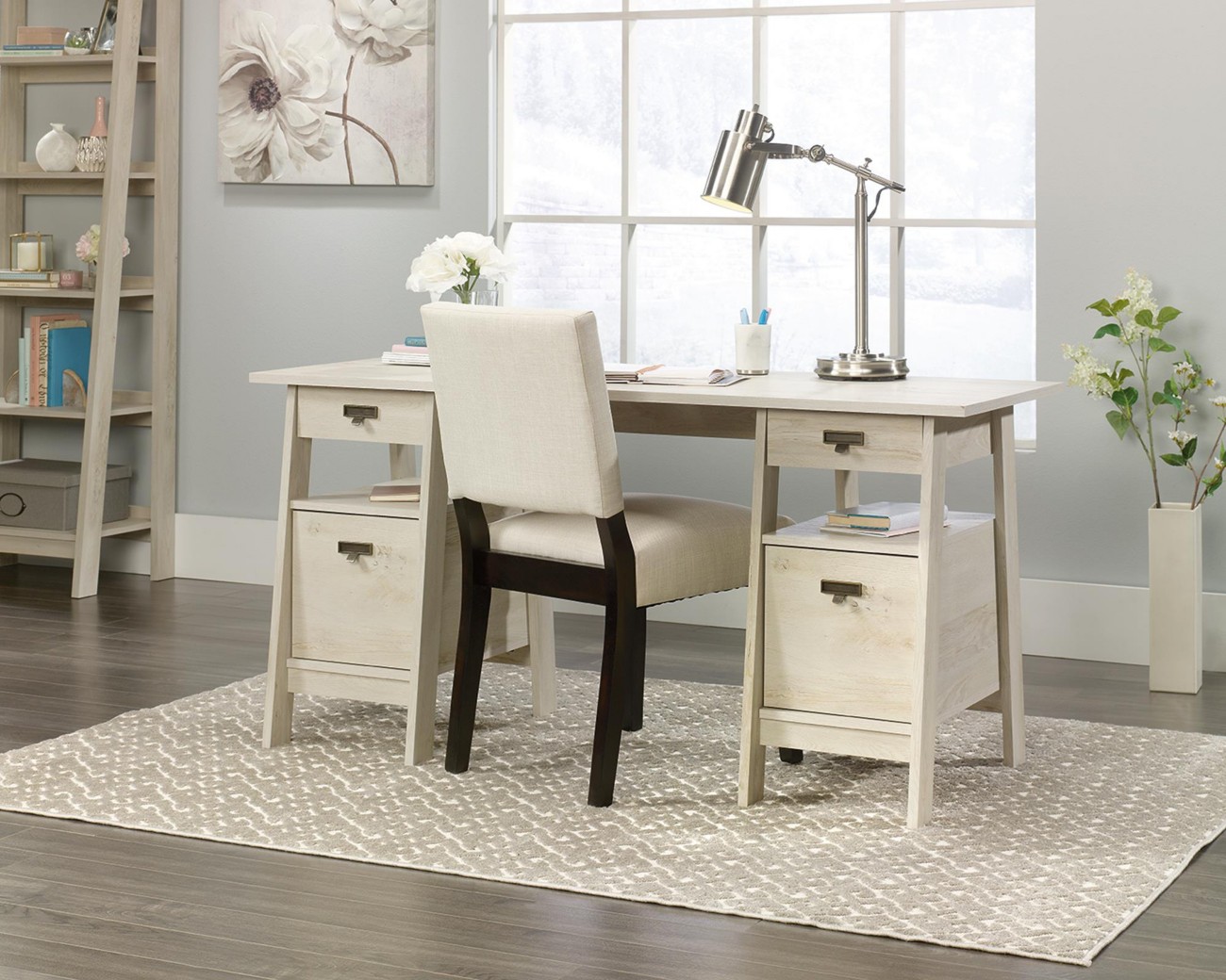 Teknik Home Office Desk Chalked Chestnut Wooden Legs 4 Drawers 1,500 (W) X 596 (D) X 738 (H) Mm Laminated Particle Board