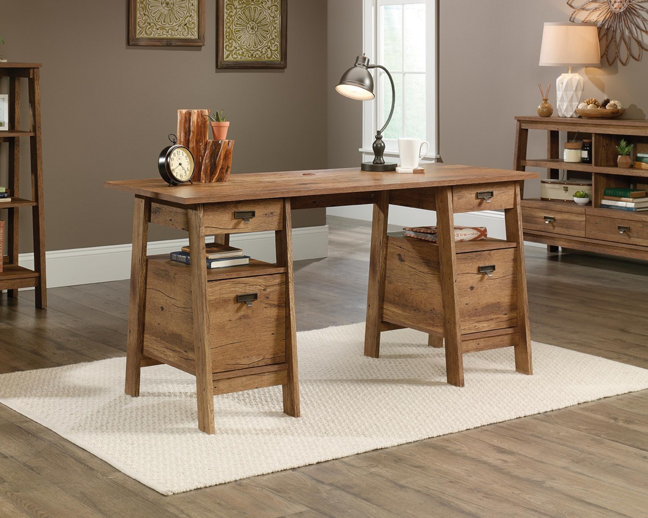 Teknik Home Office Desk Oak Wooden Legs 4 Drawers 1,500 (W) X 596 (D) X 738 (H) Mm Laminated Particle Board