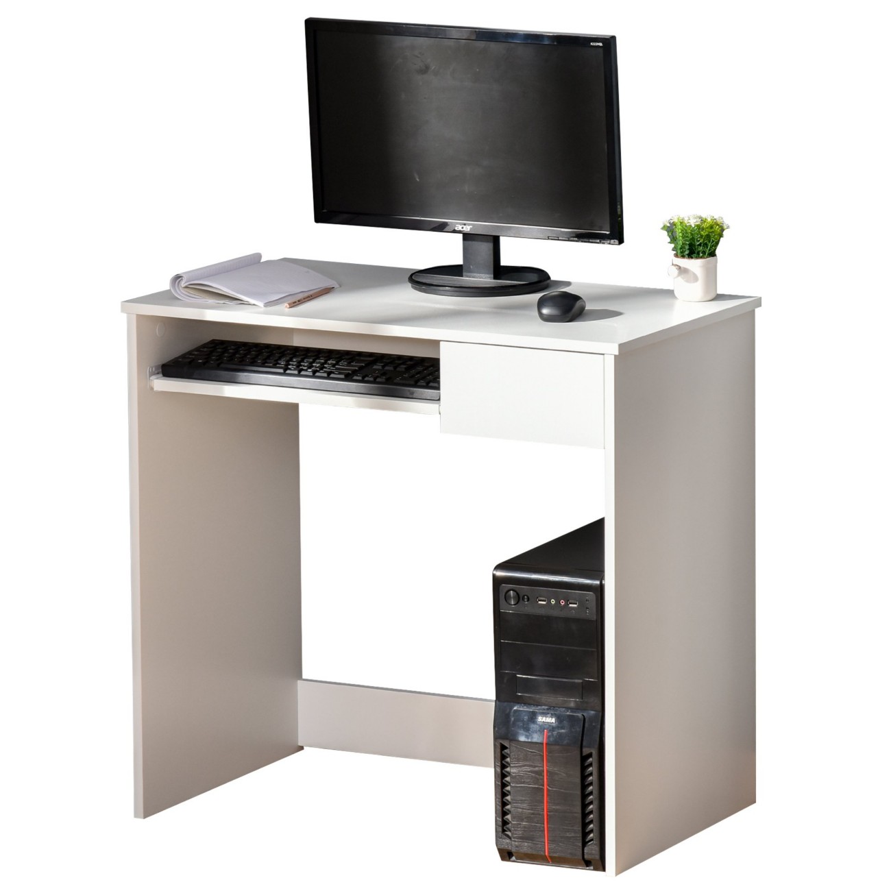 Bobobiy White 80Cm Compact Computer Desk With Keyboard Tray, Home Office Desk With Drawer For Bedroom Study, - Image 7