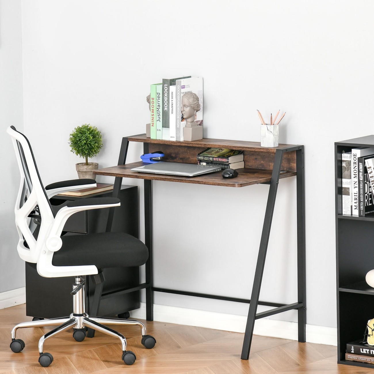 HOMCOM 2-Tier Storage Computer Workstation Metal Frame Rustic Brown 100cm - Image 11
