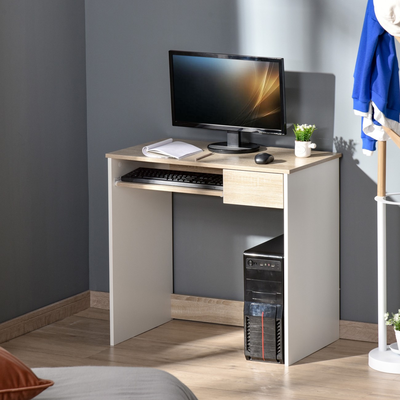 Homcom Compact Computer Table W/ Keyboard Tray Drawer Study Office - Oak - Image 5