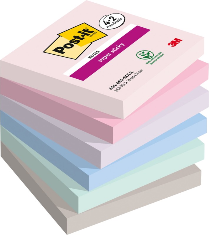 Post-it Soulful Super Sticky Haftnotizen 76 x 76 mm Farbig sortiert Quadratisch Blanko 90 Blatt Vorteilspackung 4 + 2 Gr...