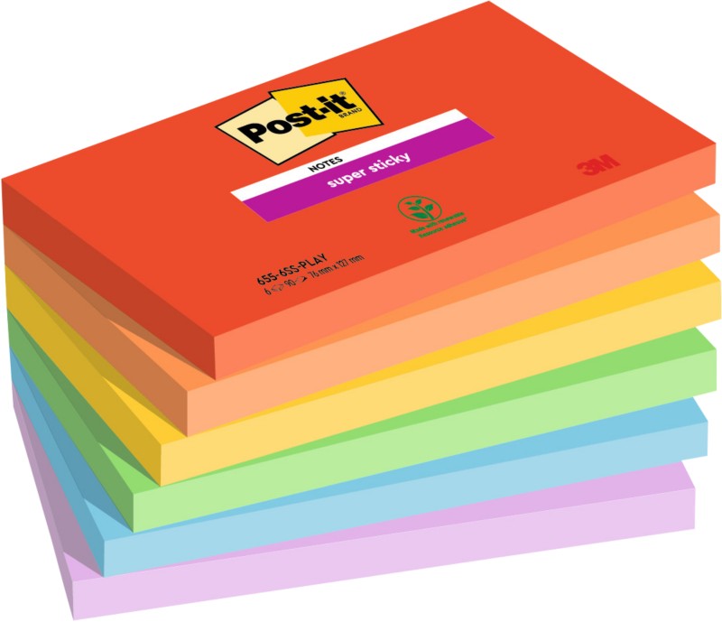 Thumbnail - Post-it Super Haftnotizen 76 x 127 mm Blau, Grün, Orange, Rot, Violett, Gelb Rechteckig Einfarbig 6 Blöcke mit 90 Blatt