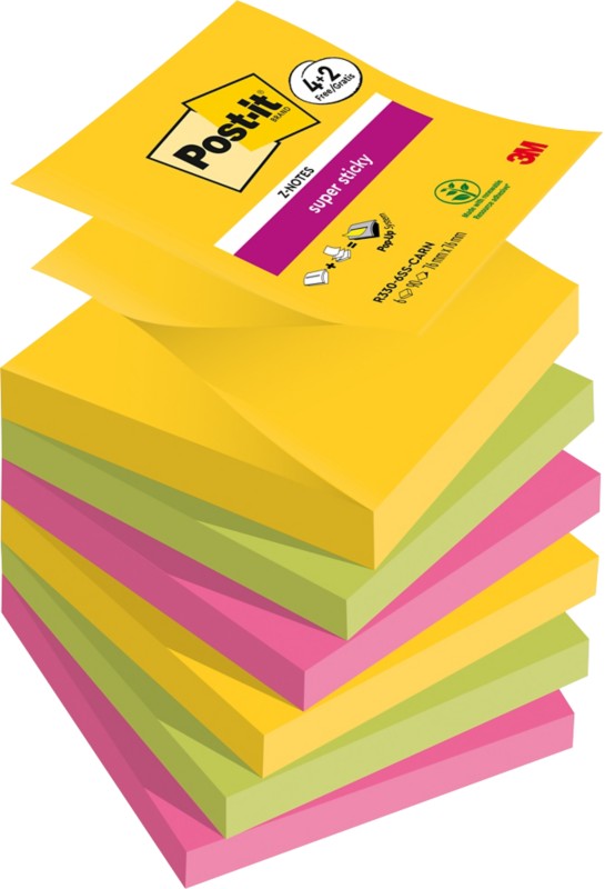 Post-it Carnival Collection Super Sticky Z-Notes Haftnotizen 76 x 76 mm Grün, Gelb, Rosa Rechteckig Blanko 90 Blatt Vort...